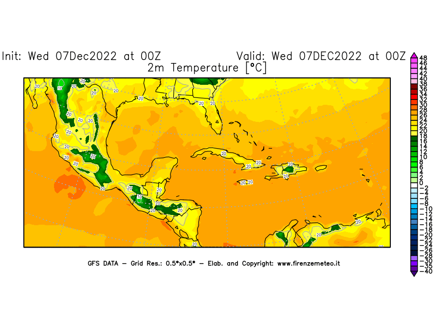 Mappa di analisi GFS - Temperatura a 2 metri dal suolo in Centro-America
							del 7 dicembre 2022 z00