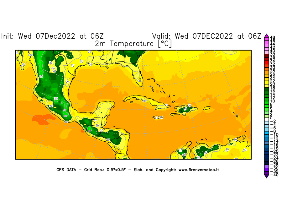 Mappa di analisi GFS - Temperatura a 2 metri dal suolo [°C] in Centro-America
							del 07/12/2022 06 <!--googleoff: index-->UTC<!--googleon: index-->