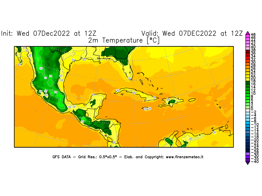 Mappa di analisi GFS - Temperatura a 2 metri dal suolo [°C] in Centro-America
							del 07/12/2022 12 <!--googleoff: index-->UTC<!--googleon: index-->