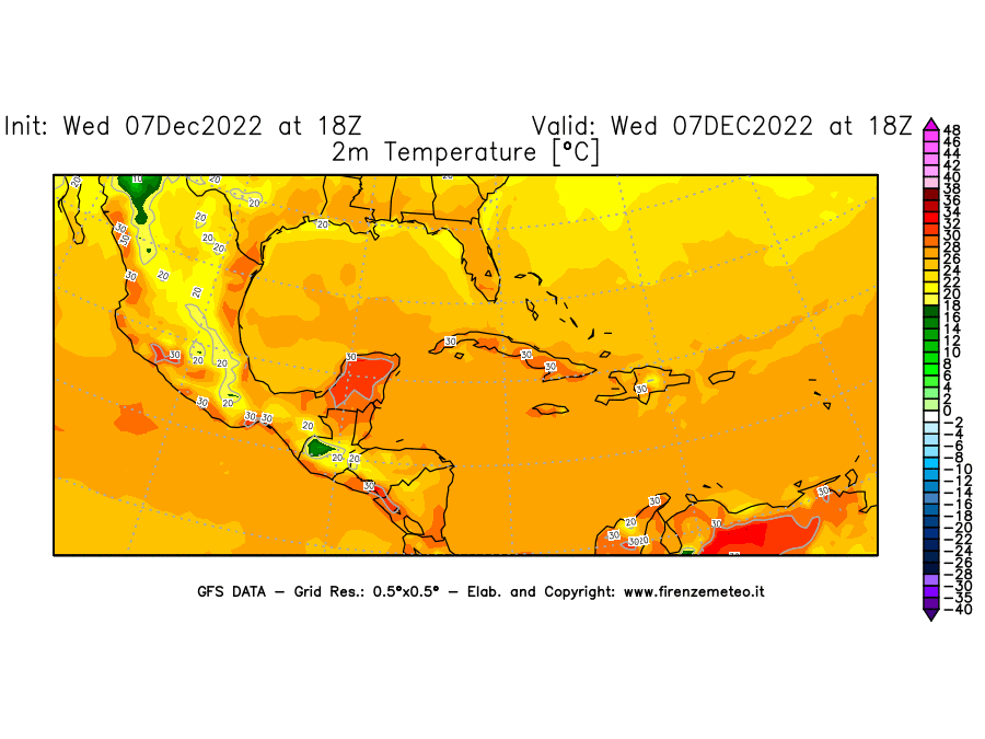 Mappa di analisi GFS - Temperatura a 2 metri dal suolo [°C] in Centro-America
							del 07/12/2022 18 <!--googleoff: index-->UTC<!--googleon: index-->