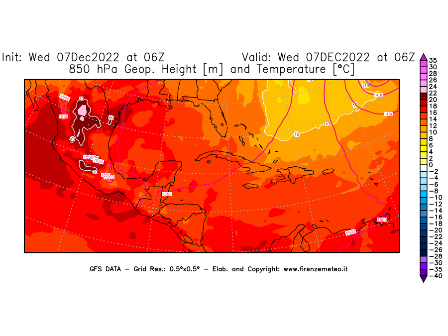 Mappa di analisi GFS - Geopotenziale [m] e Temperatura [°C] a 850 hPa in Centro-America
							del 07/12/2022 06 <!--googleoff: index-->UTC<!--googleon: index-->