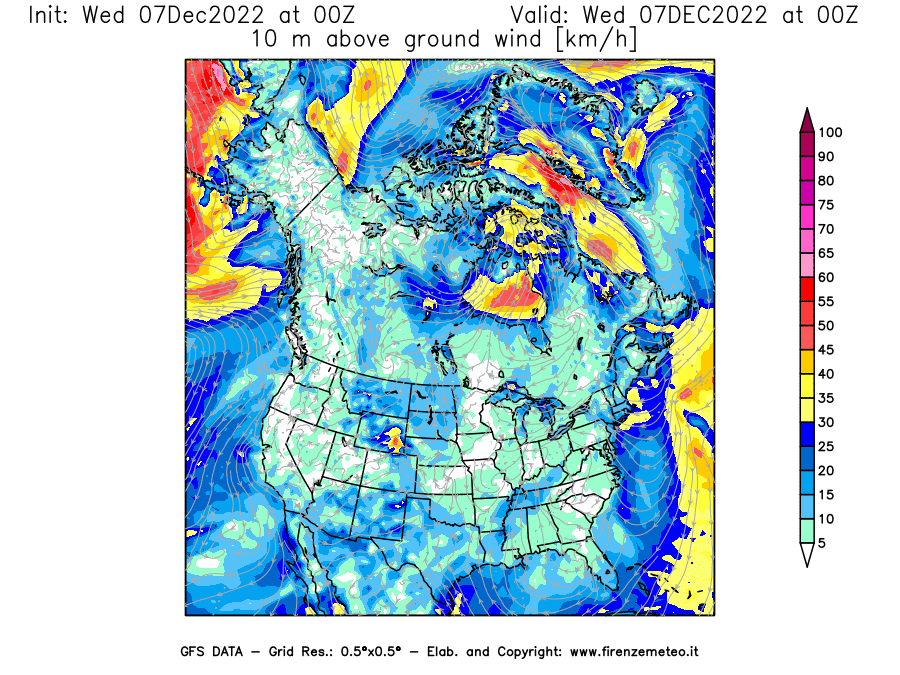 Mappa di analisi GFS - Velocità del vento a 10 metri dal suolo in Nord-America
							del 7 dicembre 2022 z00