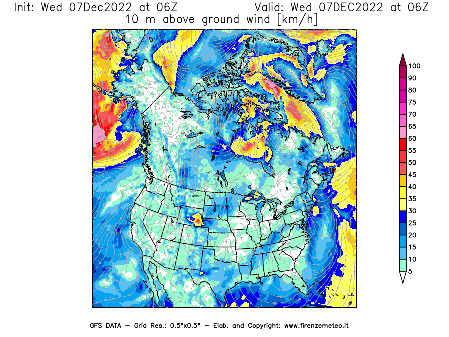 Mappa di analisi GFS - Velocità del vento a 10 metri dal suolo in Nord-America
							del 7 dicembre 2022 z06