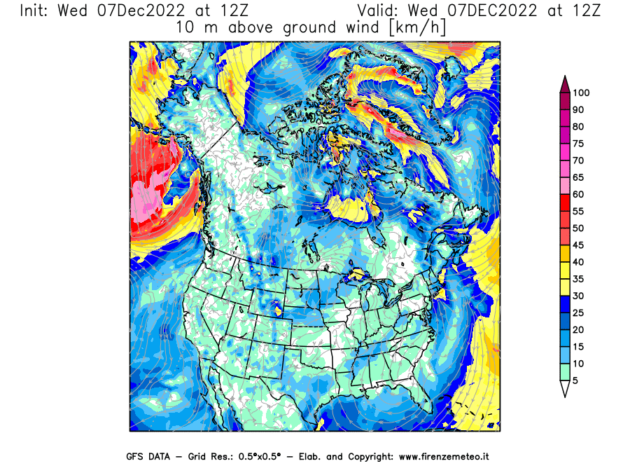 Mappa di analisi GFS - Velocità del vento a 10 metri dal suolo in Nord-America
							del 7 dicembre 2022 z12