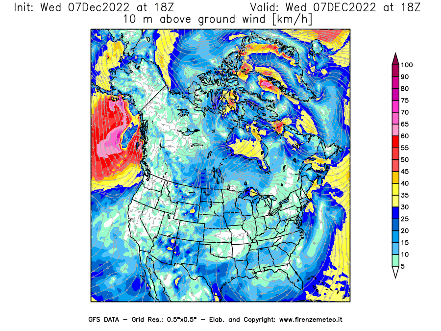 Mappa di analisi GFS - Velocità del vento a 10 metri dal suolo in Nord-America
							del 7 dicembre 2022 z18