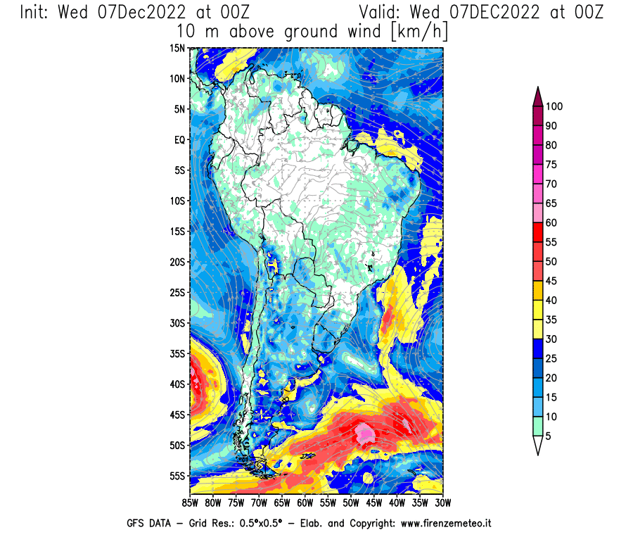 Mappa di analisi GFS - Velocità del vento a 10 metri dal suolo [km/h] in Sud-America
							del 07/12/2022 00 <!--googleoff: index-->UTC<!--googleon: index-->