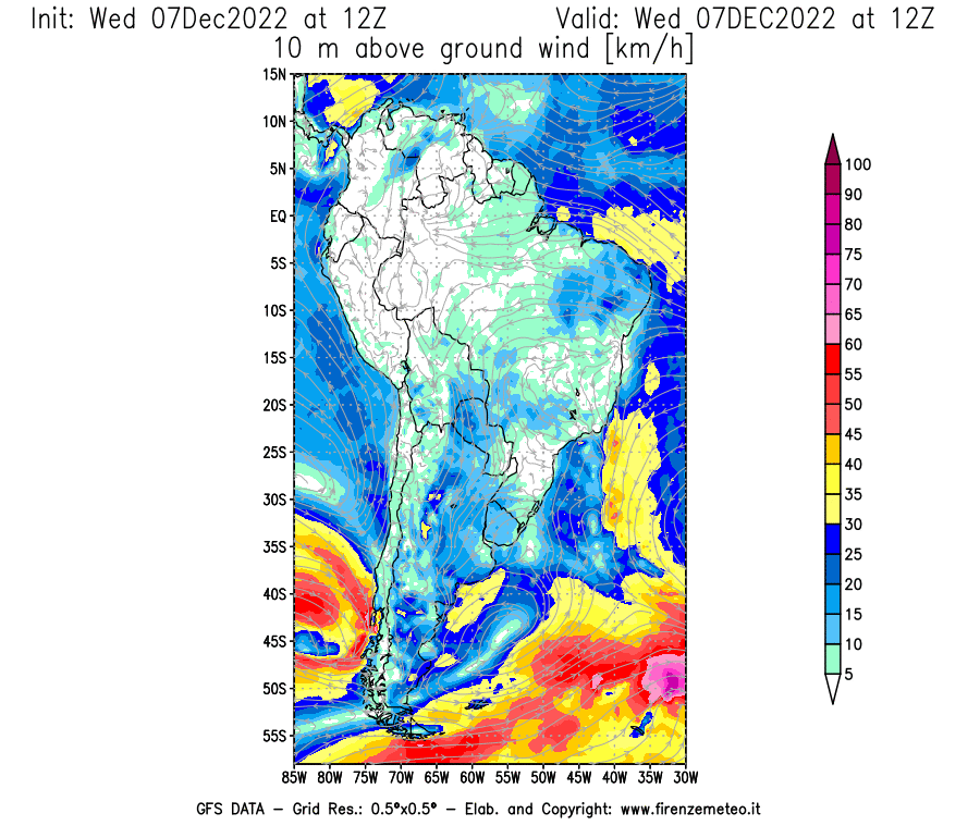 Mappa di analisi GFS - Velocità del vento a 10 metri dal suolo [km/h] in Sud-America
							del 07/12/2022 12 <!--googleoff: index-->UTC<!--googleon: index-->