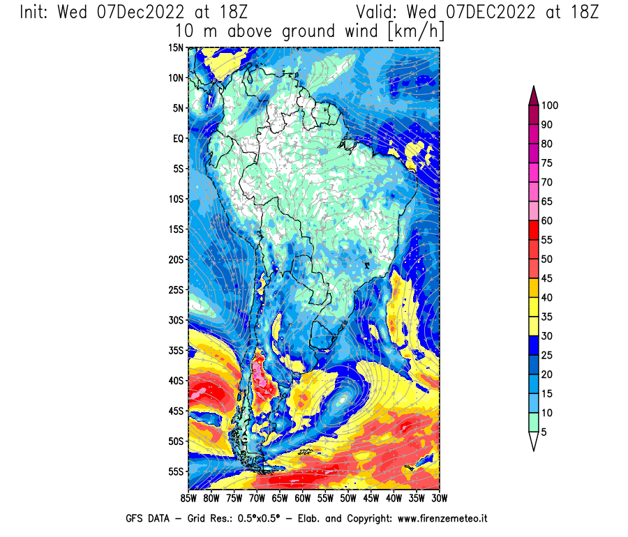 Mappa di analisi GFS - Velocità del vento a 10 metri dal suolo [km/h] in Sud-America
							del 07/12/2022 18 <!--googleoff: index-->UTC<!--googleon: index-->