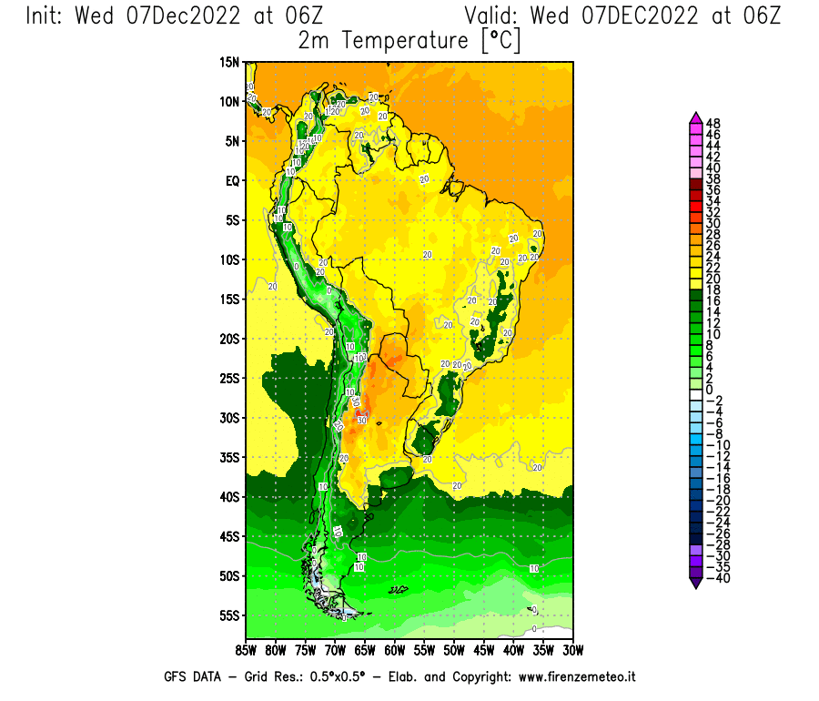Mappa di analisi GFS - Temperatura a 2 metri dal suolo [°C] in Sud-America
							del 07/12/2022 06 <!--googleoff: index-->UTC<!--googleon: index-->
