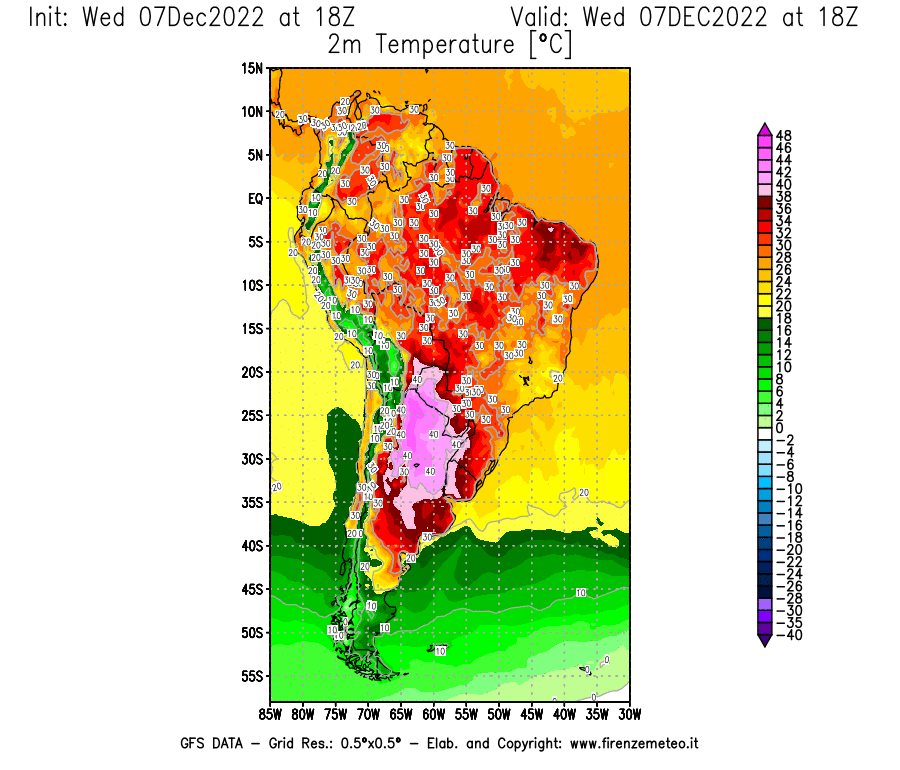 Mappa di analisi GFS - Temperatura a 2 metri dal suolo [°C] in Sud-America
							del 07/12/2022 18 <!--googleoff: index-->UTC<!--googleon: index-->