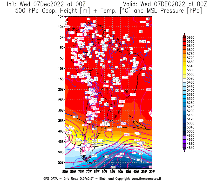 Mappa di analisi GFS - Geopotenziale [m] + Temp. [°C] a 500 hPa + Press. a livello del mare [hPa] in Sud-America
							del 07/12/2022 00 <!--googleoff: index-->UTC<!--googleon: index-->