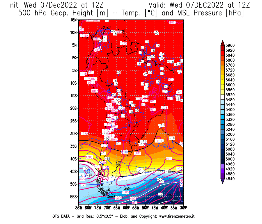 Mappa di analisi GFS - Geopotenziale [m] + Temp. [°C] a 500 hPa + Press. a livello del mare [hPa] in Sud-America
							del 07/12/2022 12 <!--googleoff: index-->UTC<!--googleon: index-->