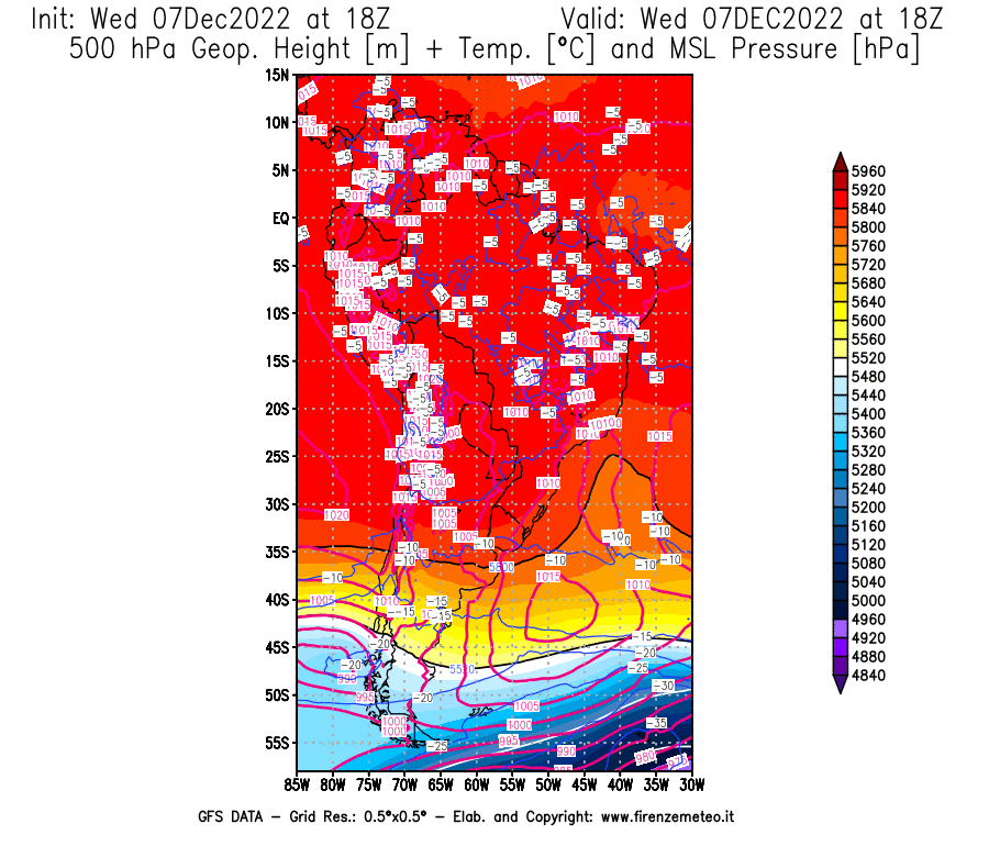 Mappa di analisi GFS - Geopotenziale [m] + Temp. [°C] a 500 hPa + Press. a livello del mare [hPa] in Sud-America
							del 07/12/2022 18 <!--googleoff: index-->UTC<!--googleon: index-->