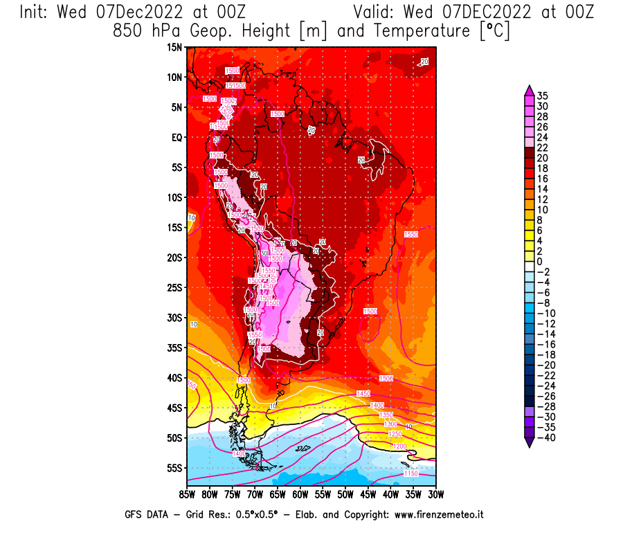 Mappa di analisi GFS - Geopotenziale [m] e Temperatura [°C] a 850 hPa in Sud-America
							del 07/12/2022 00 <!--googleoff: index-->UTC<!--googleon: index-->