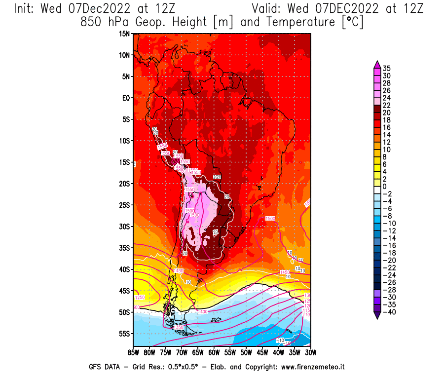Mappa di analisi GFS - Geopotenziale [m] e Temperatura [°C] a 850 hPa in Sud-America
							del 07/12/2022 12 <!--googleoff: index-->UTC<!--googleon: index-->