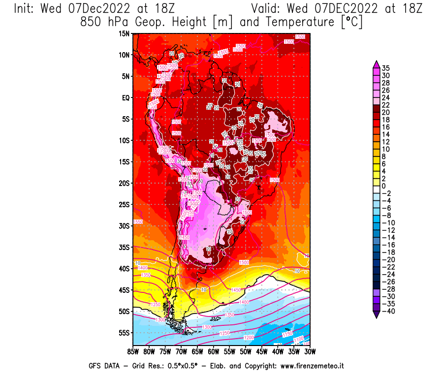Mappa di analisi GFS - Geopotenziale [m] e Temperatura [°C] a 850 hPa in Sud-America
							del 07/12/2022 18 <!--googleoff: index-->UTC<!--googleon: index-->