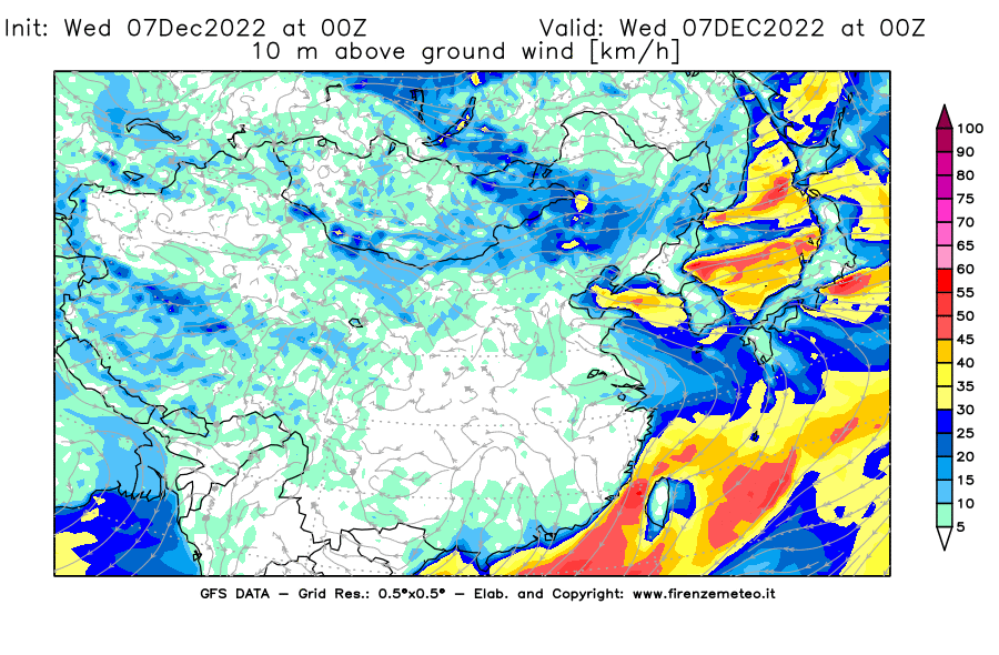Mappa di analisi GFS - Velocità del vento a 10 metri dal suolo [km/h] in Asia Orientale
							del 07/12/2022 00 <!--googleoff: index-->UTC<!--googleon: index-->