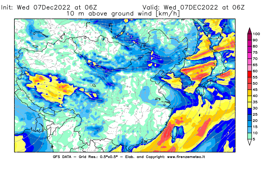 Mappa di analisi GFS - Velocità del vento a 10 metri dal suolo [km/h] in Asia Orientale
							del 07/12/2022 06 <!--googleoff: index-->UTC<!--googleon: index-->