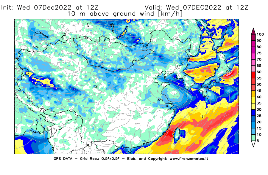 Mappa di analisi GFS - Velocità del vento a 10 metri dal suolo [km/h] in Asia Orientale
							del 07/12/2022 12 <!--googleoff: index-->UTC<!--googleon: index-->