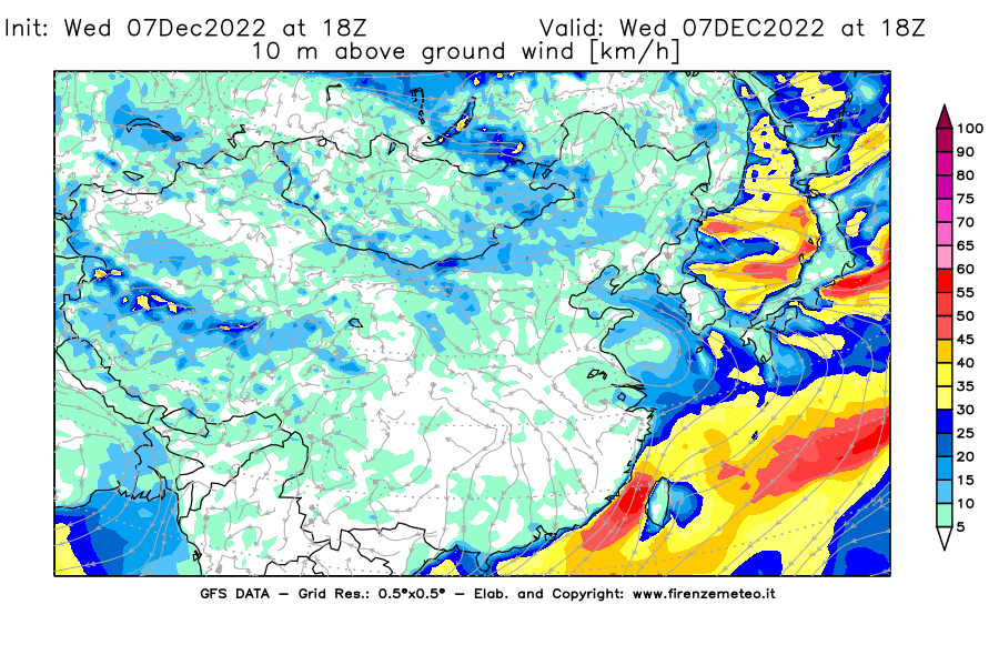 Mappa di analisi GFS - Velocità del vento a 10 metri dal suolo in Asia Orientale
							del 7 dicembre 2022 z18