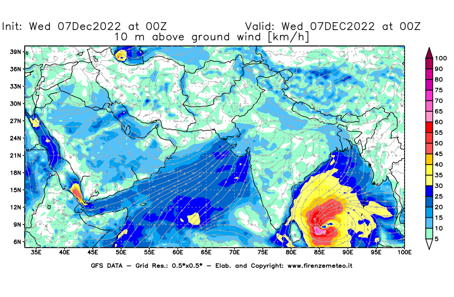 Mappa di analisi GFS - Velocità del vento a 10 metri dal suolo [km/h] in Asia Sud-Occidentale
							del 07/12/2022 00 <!--googleoff: index-->UTC<!--googleon: index-->