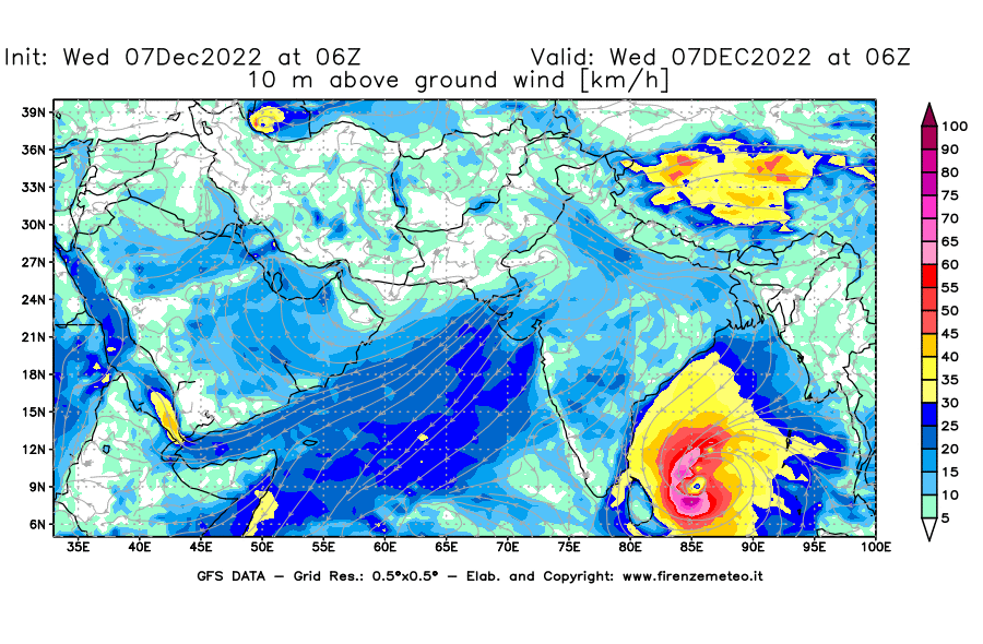 Mappa di analisi GFS - Velocità del vento a 10 metri dal suolo [km/h] in Asia Sud-Occidentale
							del 07/12/2022 06 <!--googleoff: index-->UTC<!--googleon: index-->