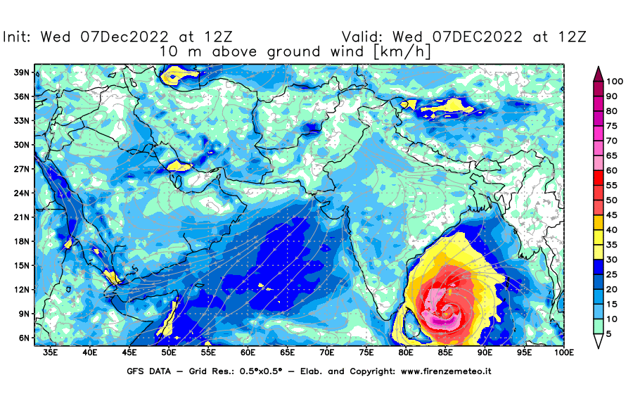 Mappa di analisi GFS - Velocità del vento a 10 metri dal suolo in Asia Sud-Occidentale
							del 7 dicembre 2022 z12