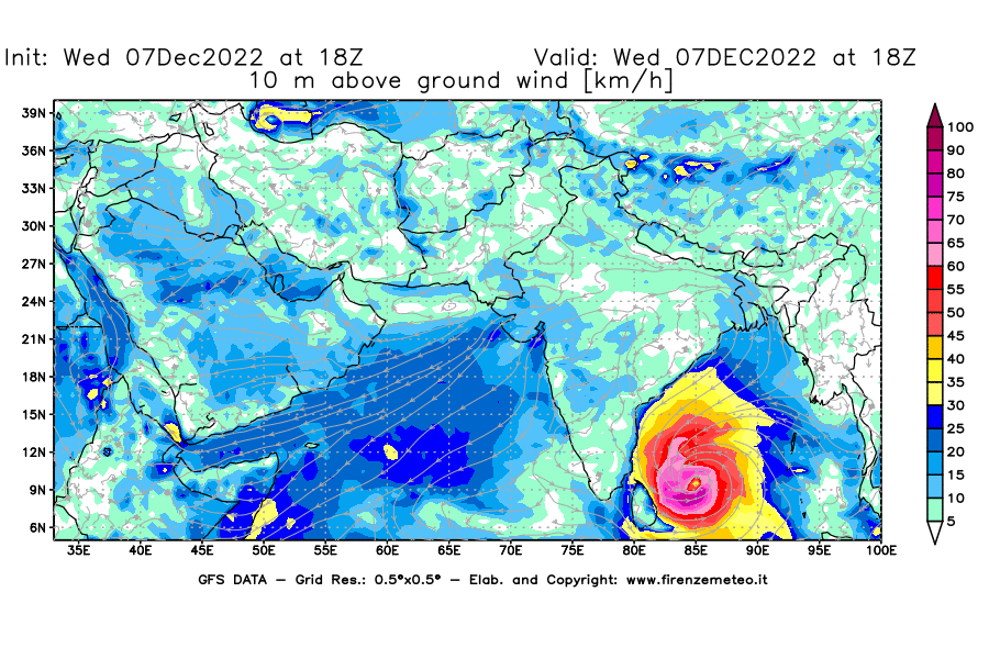 Mappa di analisi GFS - Velocità del vento a 10 metri dal suolo [km/h] in Asia Sud-Occidentale
							del 07/12/2022 18 <!--googleoff: index-->UTC<!--googleon: index-->