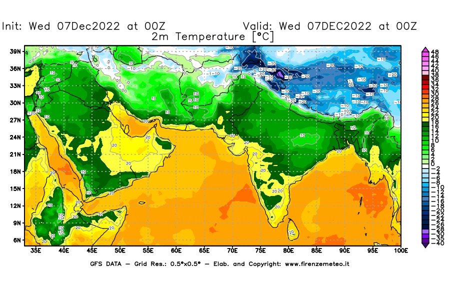 Mappa di analisi GFS - Temperatura a 2 metri dal suolo [°C] in Asia Sud-Occidentale
							del 07/12/2022 00 <!--googleoff: index-->UTC<!--googleon: index-->