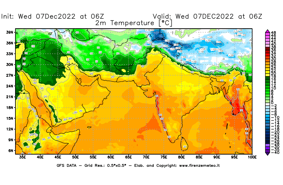 Mappa di analisi GFS - Temperatura a 2 metri dal suolo [°C] in Asia Sud-Occidentale
							del 07/12/2022 06 <!--googleoff: index-->UTC<!--googleon: index-->