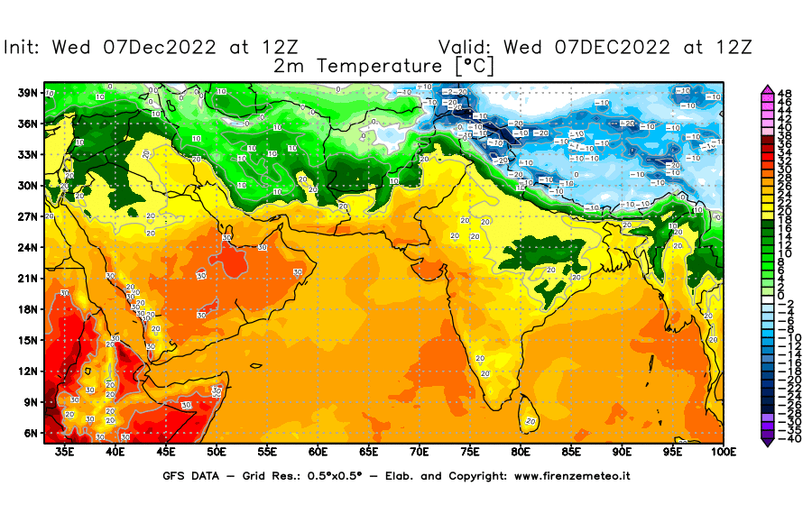 Mappa di analisi GFS - Temperatura a 2 metri dal suolo [°C] in Asia Sud-Occidentale
							del 07/12/2022 12 <!--googleoff: index-->UTC<!--googleon: index-->