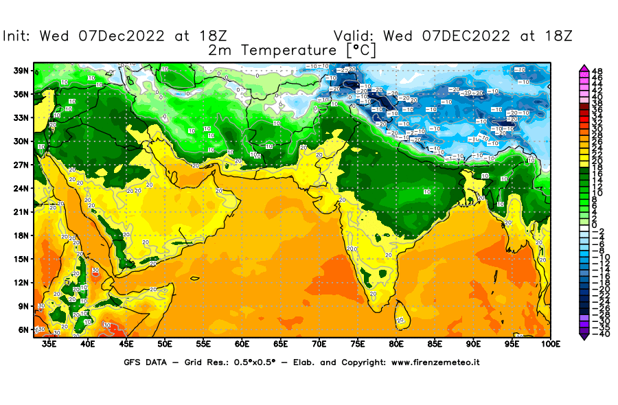 Mappa di analisi GFS - Temperatura a 2 metri dal suolo [°C] in Asia Sud-Occidentale
							del 07/12/2022 18 <!--googleoff: index-->UTC<!--googleon: index-->