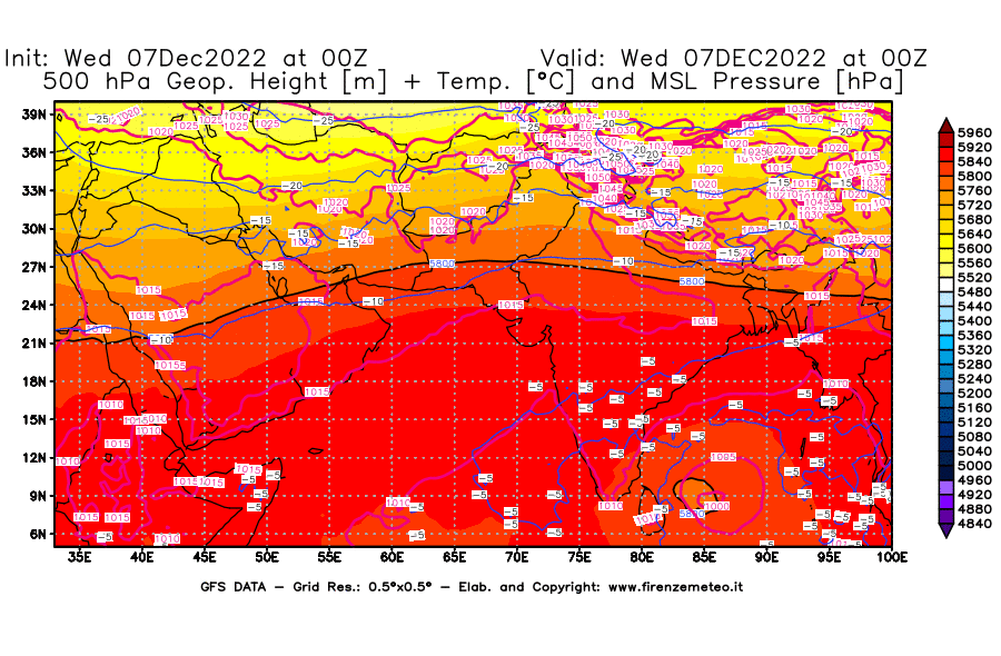 Mappa di analisi GFS - Geopotenziale [m] + Temp. [°C] a 500 hPa + Press. a livello del mare [hPa] in Asia Sud-Occidentale
							del 07/12/2022 00 <!--googleoff: index-->UTC<!--googleon: index-->
