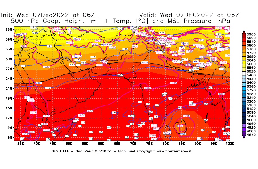 Mappa di analisi GFS - Geopotenziale [m] + Temp. [°C] a 500 hPa + Press. a livello del mare [hPa] in Asia Sud-Occidentale
							del 07/12/2022 06 <!--googleoff: index-->UTC<!--googleon: index-->