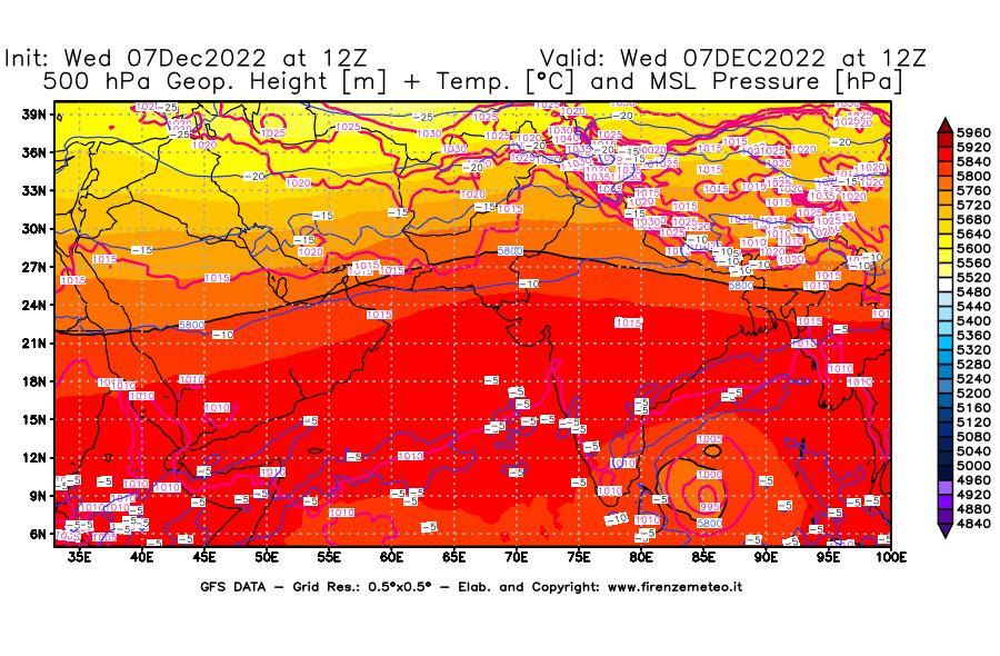 Mappa di analisi GFS - Geopotenziale [m] + Temp. [°C] a 500 hPa + Press. a livello del mare [hPa] in Asia Sud-Occidentale
							del 07/12/2022 12 <!--googleoff: index-->UTC<!--googleon: index-->