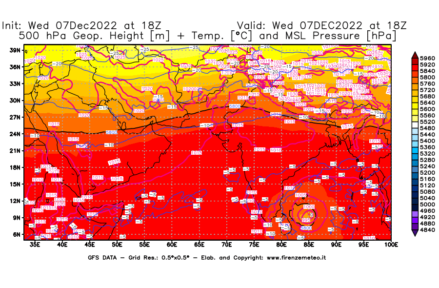 Mappa di analisi GFS - Geopotenziale [m] + Temp. [°C] a 500 hPa + Press. a livello del mare [hPa] in Asia Sud-Occidentale
							del 07/12/2022 18 <!--googleoff: index-->UTC<!--googleon: index-->