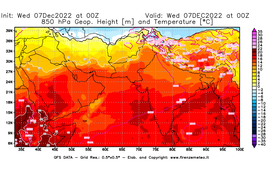 Mappa di analisi GFS - Geopotenziale [m] e Temperatura [°C] a 850 hPa in Asia Sud-Occidentale
							del 07/12/2022 00 <!--googleoff: index-->UTC<!--googleon: index-->