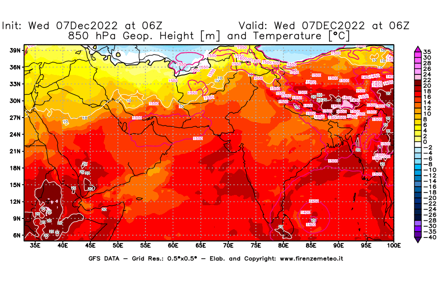 Mappa di analisi GFS - Geopotenziale [m] e Temperatura [°C] a 850 hPa in Asia Sud-Occidentale
							del 07/12/2022 06 <!--googleoff: index-->UTC<!--googleon: index-->