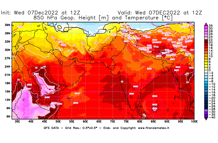 Mappa di analisi GFS - Geopotenziale [m] e Temperatura [°C] a 850 hPa in Asia Sud-Occidentale
							del 07/12/2022 12 <!--googleoff: index-->UTC<!--googleon: index-->