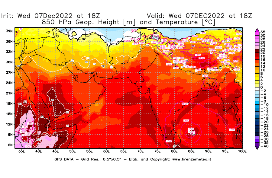 Mappa di analisi GFS - Geopotenziale [m] e Temperatura [°C] a 850 hPa in Asia Sud-Occidentale
							del 07/12/2022 18 <!--googleoff: index-->UTC<!--googleon: index-->