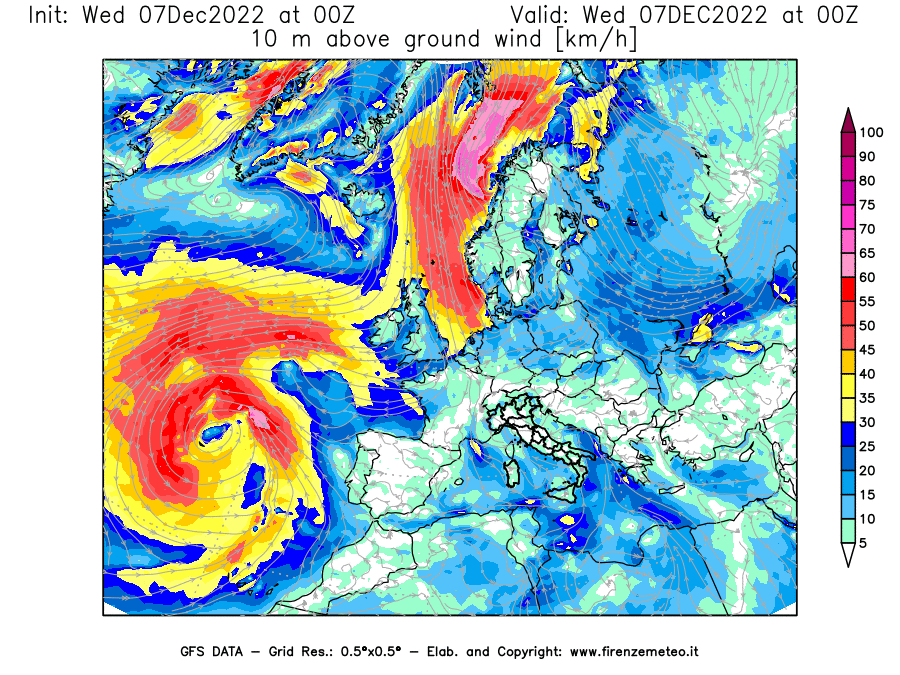Mappa di analisi GFS - Velocità del vento a 10 metri dal suolo [km/h] in Europa
							del 07/12/2022 00 <!--googleoff: index-->UTC<!--googleon: index-->