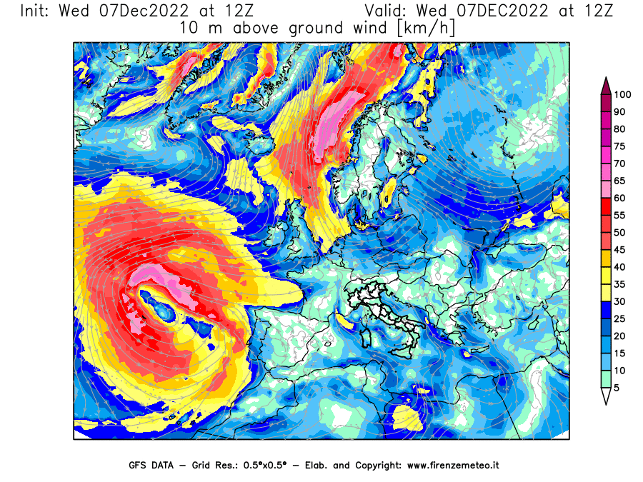 Mappa di analisi GFS - Velocità del vento a 10 metri dal suolo [km/h] in Europa
							del 07/12/2022 12 <!--googleoff: index-->UTC<!--googleon: index-->
