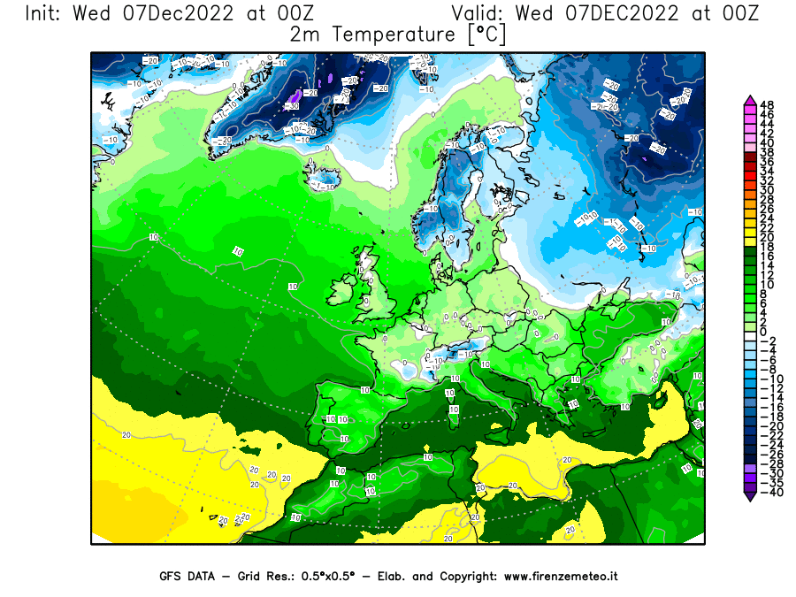 Mappa di analisi GFS - Temperatura a 2 metri dal suolo in Europa
							del 7 dicembre 2022 z00
