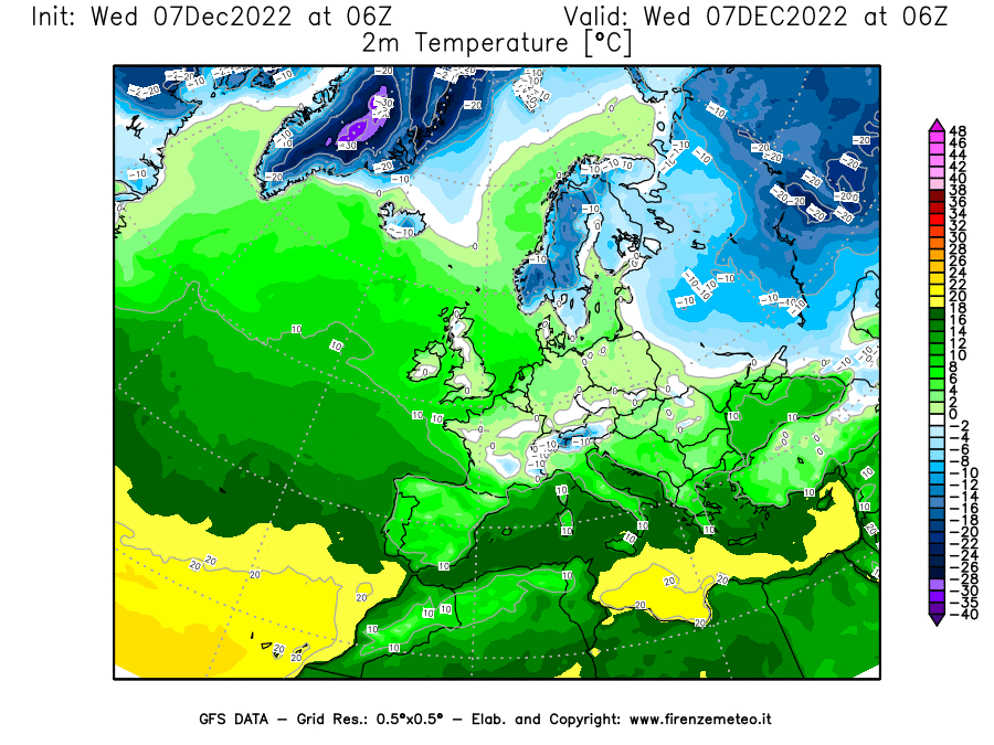 Mappa di analisi GFS - Temperatura a 2 metri dal suolo [°C] in Europa
							del 07/12/2022 06 <!--googleoff: index-->UTC<!--googleon: index-->