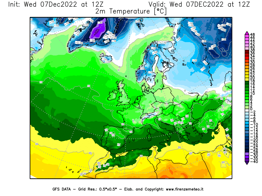 Mappa di analisi GFS - Temperatura a 2 metri dal suolo in Europa
							del 7 dicembre 2022 z12