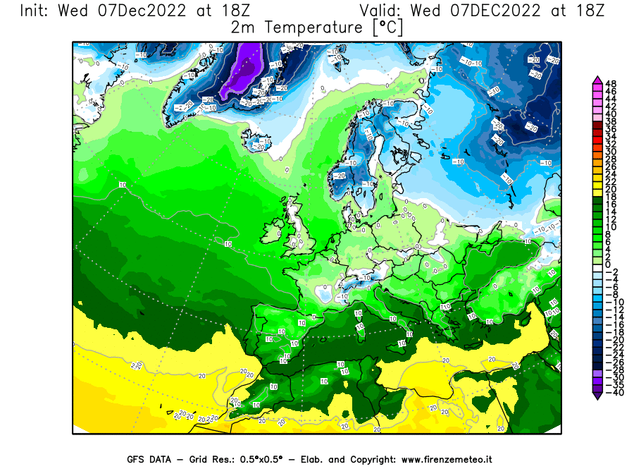 Mappa di analisi GFS - Temperatura a 2 metri dal suolo [°C] in Europa
							del 07/12/2022 18 <!--googleoff: index-->UTC<!--googleon: index-->