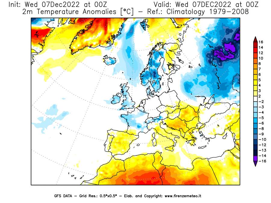 Mappa di analisi GFS - Anomalia Temperatura [°C] a 2 m in Europa
							del 07/12/2022 00 <!--googleoff: index-->UTC<!--googleon: index-->
