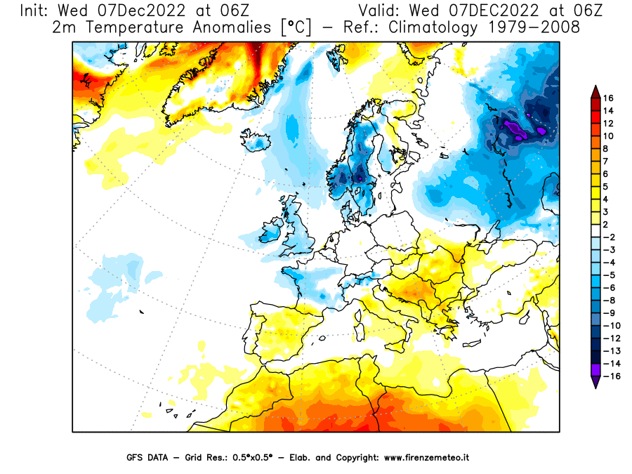 Mappa di analisi GFS - Anomalia Temperatura [°C] a 2 m in Europa
							del 07/12/2022 06 <!--googleoff: index-->UTC<!--googleon: index-->