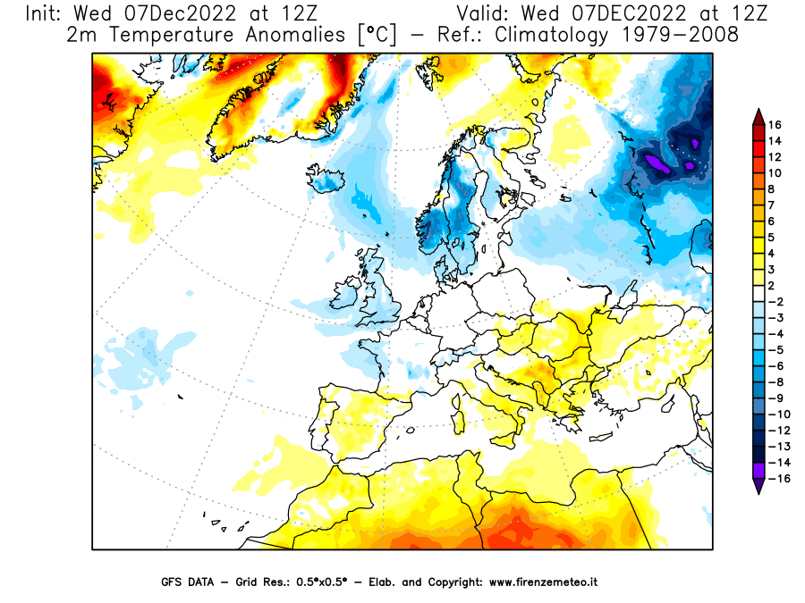 Mappa di analisi GFS - Anomalia Temperatura [°C] a 2 m in Europa
							del 07/12/2022 12 <!--googleoff: index-->UTC<!--googleon: index-->