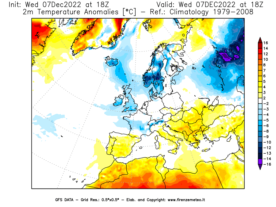 Mappa di analisi GFS - Anomalia Temperatura [°C] a 2 m in Europa
							del 07/12/2022 18 <!--googleoff: index-->UTC<!--googleon: index-->